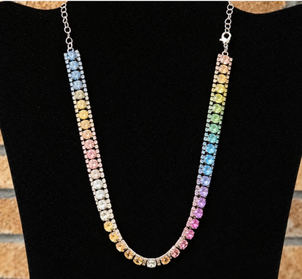 Rainbow Crystal Tennis Necklace Silver Tone with Gradient Multi Color Stones